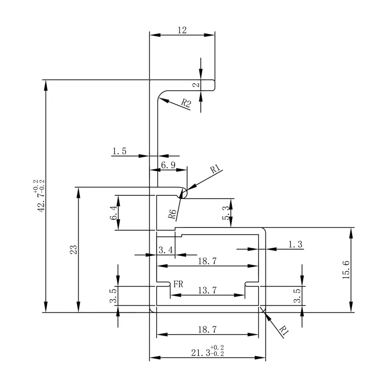 ফুল হ্যান্ডেল বার 21.3 × 42.7 মিমি, ফ্যাক্টরির ড্রয়িং (full handle cross-section, mm)