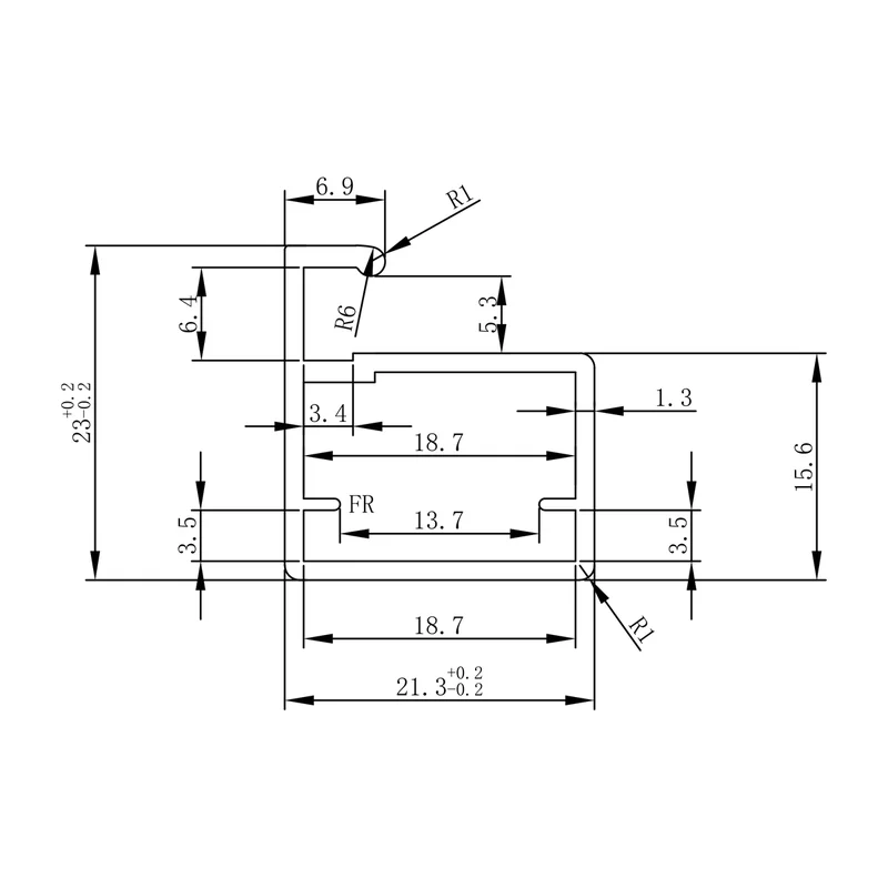 অ্যালুমিনিয়াম স্লিম প্রোফাইল 21.3 × 23 মিমি, ফ্যাক্টরির ড্রয়িং (slim profile cross-section, mm)