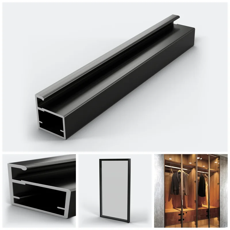 অ্যালুমিনিয়াম স্লিম প্রোফাইল বার (slim profile), 45° কাটা মাথা, শাটার আর ওয়ারড্রোব; 3D ছবি আর প্রস্তুতকারকের ছবি